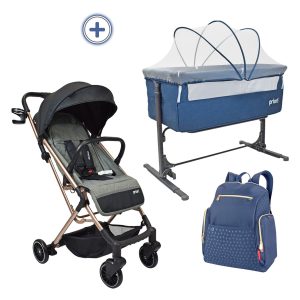 Combo Coche Luca Negro+Cuna Colecho Golf Azul+Pañalera Azul
