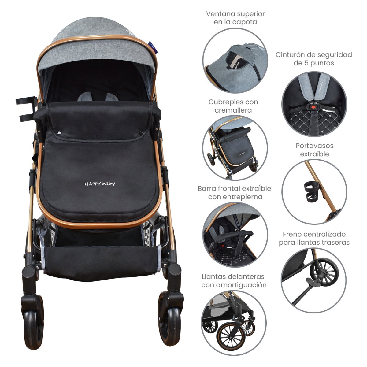 Coche Bebe Travel system Welly Happy Baby Gris - Imagen 9